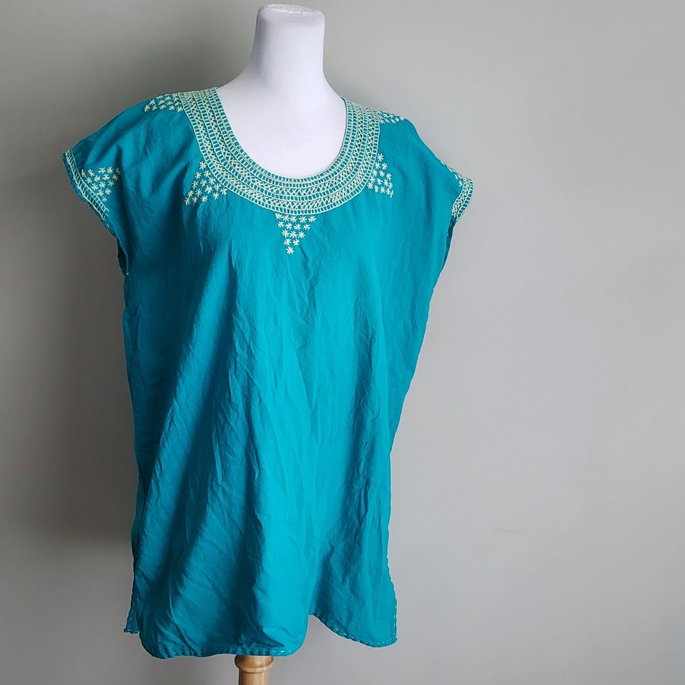 Embroidered Huipil Tunic Womens XL Teal Linen Cotton Boho Ethnic Handmade Top